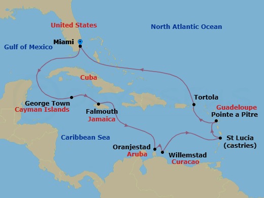 13 Night - Bountiful Caribbean - Oceania Allura - Starting in Miami, George Town, Falmouth, Oranjestad, Willemstad AN, Castries, Pointe-a-Pitre, Tortola, Miami itinerary map