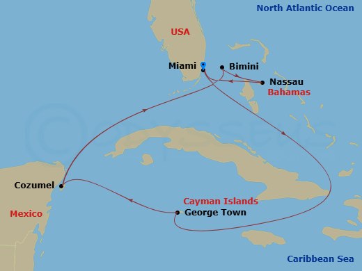 7 Night - Bahamas, Mexico & Cayman Cruise - Celebrity Xcel - Starting in Miami, Florida, George Town, Grand Cayman, Cozumel, Mexico, Bimini, Bahamas, Nassau, Bahamas, Miami, Florida itinerary map