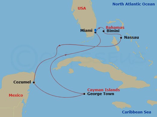 7 Night - Bahamas, Mexico & Cayman Cruise - Celebrity Xcel - Starting in Miami, Florida, Bimini, Bahamas, Nassau, Bahamas, Cozumel, Mexico, George Town, Grand Cayman, Miami, Florida itinerary map
