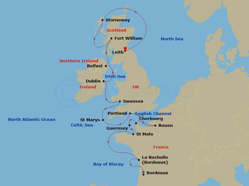 17 Night - Star Collector : French Nights and Uk Delights - Star Legend - Starting in Bordeaux, Cruising Garonne River, La Rochelle, France, St-Malo, Guernsey, Cherbourg, Cruising the Seine River, Rouen, Cruising the Seine River, Portland UK, Isles of Scilly, United Kingdom, Swansea, United Kingdom, Dublin, Ireland, Belfast, United Kingdom, Fort William, United Kingdom, Stornoway, Leith (Edinburgh), United Kingdom itinerary map