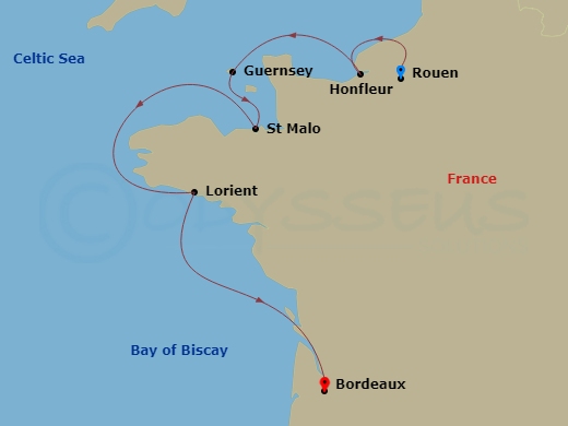 7 Night - James Beard Foundation : French Feast : Normandy, Brittany & Aquitaine - Star Legend - Starting in Rouen, Cruising the Seine River, Honfleur, St-Malo, Guernsey, Lorient, Cruising Garonne River, Bordeaux itinerary map
