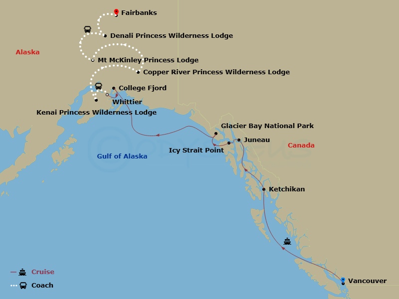15 Night - Off the Beaten Path - Tour Qa8 - Island Princess Tours - Starting in Vancouver, Canada, Ketchikan, Alaska, Juneau, Alaska, Glacier Bay National Park (Scenic Cruising), Alaska, Icy Strait Point, Alaska, College Fjord (Scenic Cruising), Alaska, Anchorage (Whittier), Alaska, Kenai Princess Wilderness Lodge, Copper River Princess Wilderness Lodge, Mount Mckinley Princess Wilderness Lodge, Denali Princess Wilderness Lodge, Fairbanks itinerary map