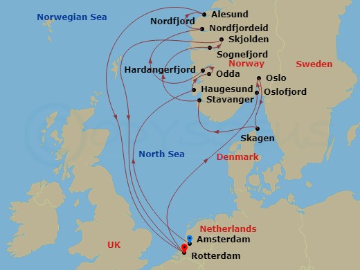 14 Night - Fjords of Norway Collectors' Voyage - Nieuw Statendam - Starting in Amsterdam, the Netherlands, Haugesund, Norway, Odda, Norway, Scenic cruising Hardangerfjord, Nordfjordeid, Norway, Scenic Cruising Nordfjord, Alesund, Norway, Rotterdam, the Netherlands, Scenic cruising Oslofjord, Oslo, Norway, Skagen, Denmark, Sandnes (Stavanger), Norway, Scenic cruising Sognefjord, Skjolden, Norway, Rotterdam, the Netherlands itinerary map