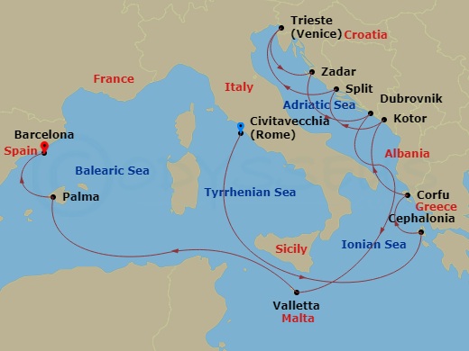 14 Night - Spain, Italy and Adriatic - Queen Victoria - Starting in Civitavecchia (tours to Rome), Italy, Messina Strait, Italy (Transit), Cephalonia, Greece, Corfu, Greece, Kotor, Montenegro, Split, Croatia, Trieste, Italy, Zadar, Croatia, Dubrovnik, Croatia, Valletta, Malta, Palma De Mallorca, Spain, Barcelona, Spain itinerary map