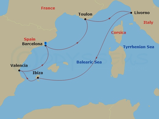 7 Night - Italy, France and Spain - Queen Victoria - Starting in Barcelona, Spain, La Seyne-sur-Mer (for Toulon), France, Livorno (tours to Florence or Pisa), Italy, Ibiza, Spain, Valencia, Spain, Barcelona, Spain itinerary map