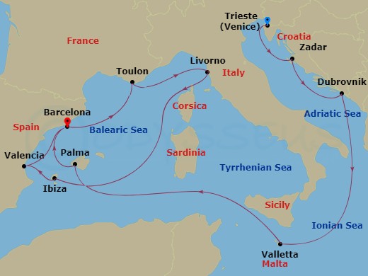 14 Night - Adriatic and Western Mediterranean - Queen Victoria - Starting in Trieste, Italy, Zadar, Croatia, Dubrovnik, Croatia, Valletta, Malta, Palma De Mallorca, Spain, Barcelona, Spain, La Seyne-sur-Mer (for Toulon), France, Livorno (tours to Florence or Pisa), Italy, Ibiza, Spain, Valencia, Spain, Barcelona, Spain itinerary map