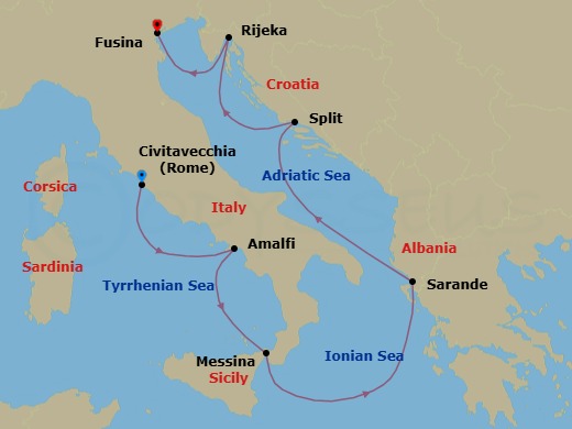 7 Night - A Journey of Shoreline Splendour & Spectacular Architecture - EXPLORA VI - Starting in Civitavecchia (Rome), Amalfi, Messina (Sicily), Sarande, Split, Rijeka, Fusina (Venice) itinerary map
