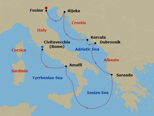 7 Night - A Journey from Ancient Wonders to Sparkling Coastal Allure - EXPLORA VI - Starting in Civitavecchia (Rome), Amalfi, Sarande, Dubrovnik, Croatia, Korcula, Rijeka, Fusina (Venice) itinerary map