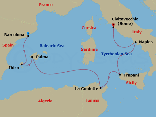 7 Night - A Journey of Balearic Allure, Classic Culture & Italian Artistry - EXPLORA VI - Starting in Barcelona, Ibiza, Palma De Mallorca, Tunis / La Goulette, Trapani (Sicily), Port of Naples, Civitavecchia (Rome) itinerary map