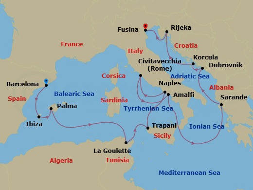 14 Night - An Extended Journey Through Adriatic Legends and Southern Mediterranean Shores - EXPLORA VI - Starting in Barcelona, Ibiza, Palma De Mallorca, Tunis / La Goulette, Trapani (Sicily), Port of Naples, Civitavecchia (Rome), Amalfi, Sarande, Dubrovnik, Croatia, Korcula, Rijeka, Fusina (Venice) itinerary map