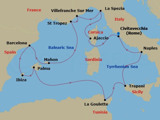 14 Night - An Extended Journey of Coastal Elegance, Island Spirit and Mediterranean Crossroads - EXPLORA VI - Starting in Civitavecchia (Rome), Ajaccio (Corsica), La Spezia, Villefranche-Sur-Mer (Nice), Saint-Tropez, Mahon (Menorca), Barcelona, Ibiza, Palma De Mallorca, Tunis / La Goulette, Trapani (Sicily), Port of Naples, Civitavecchia (Rome) itinerary map