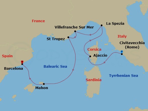 7 Night - A Journey Through Riviera Reverie & Centres of Culture - EXPLORA VI - Starting in Civitavecchia (Rome), Ajaccio (Corsica), La Spezia, Villefranche-Sur-Mer (Nice), Saint-Tropez, Mahon (Menorca), Barcelona itinerary map