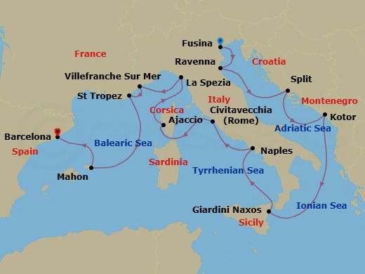 14 Night - An Extended Journey from Adriatic Heritage to Mediterranean Rivieras - EXPLORA VI - Starting in Fusina (Venice), Ravenna, Split, Kotor, Giardini Naxos, Port of Naples, Civitavecchia (Rome), Ajaccio (Corsica), La Spezia, Villefranche-Sur-Mer (Nice), Saint-Tropez, Mahon (Menorca), Barcelona itinerary map