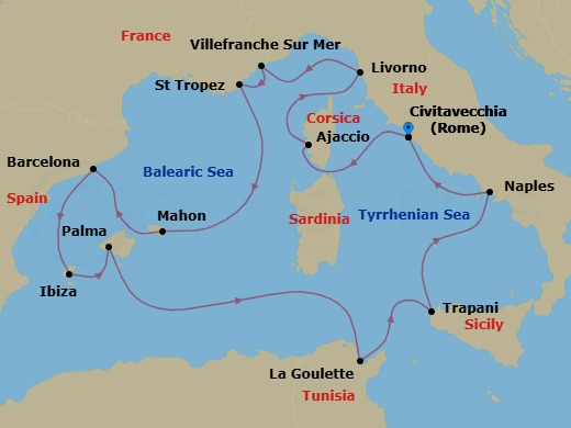14 Night - An Extended Journey of Exquisite Mediterranean Elegance, Art & History - EXPLORA VI - Starting in Civitavecchia (Rome), Ajaccio (Corsica), Livorno (Florence), Villefranche-Sur-Mer (Nice), Saint-Tropez, Mahon (Menorca), Barcelona, Ibiza, Palma De Mallorca, Tunis / La Goulette, Trapani (Sicily), Port of Naples, Civitavecchia (Rome) itinerary map