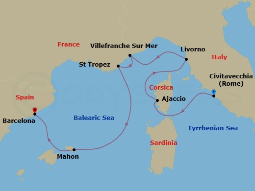 7 Night - A Journey of Glorious Legacies & Enchanting Discovery - EXPLORA VI - Starting in Civitavecchia (Rome), Ajaccio (Corsica), Livorno (Florence), Villefranche-Sur-Mer (Nice), Saint-Tropez, Mahon (Menorca), Barcelona itinerary map