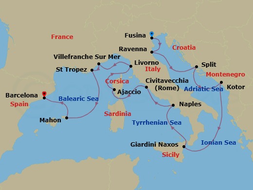 14 Night - An Extended Journey of Italian Splendour, Balearic Serenity & Catalan Culture - EXPLORA VI - Starting in Fusina (Venice), Ravenna, Split, Kotor, Giardini Naxos, Port of Naples, Civitavecchia (Rome), Ajaccio (Corsica), Livorno (Florence), Villefranche-Sur-Mer (Nice), Saint-Tropez, Mahon (Menorca), Barcelona itinerary map
