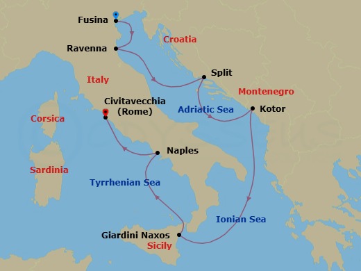 7 Night - A Journey of Artistic Marvels & Mediterranean Romance - EXPLORA VI - Starting in Fusina (Venice), Ravenna, Split, Kotor, Giardini Naxos, Port of Naples, Civitavecchia (Rome) itinerary map