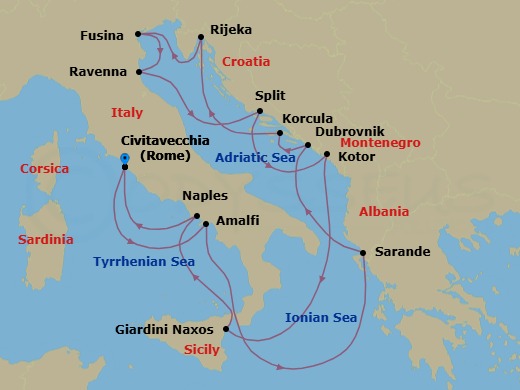 14 Night - An Extended Journey of Cultural Icons, Coastal Splendour & Living History - EXPLORA VI - Starting in Civitavecchia (Rome), Amalfi, Sarande, Dubrovnik, Croatia, Korcula, Rijeka, Fusina (Venice), Ravenna, Split, Kotor, Giardini Naxos, Port of Naples, Civitavecchia (Rome) itinerary map