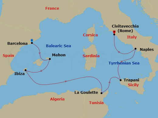 7 Night - A Journey Through Cultural Elegance & Timeless Discovery - EXPLORA VI - Starting in Barcelona, Mahon (Menorca), Ibiza, Tunis / La Goulette, Trapani (Sicily), Port of Naples, Civitavecchia (Rome) itinerary map