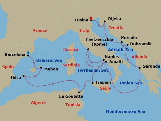 14 Night - An Extended Journey from Catalan Vitality to Gilded Venetian Grandeur - EXPLORA VI - Starting in Barcelona, Mahon (Menorca), Ibiza, Tunis / La Goulette, Trapani (Sicily), Port of Naples, Civitavecchia (Rome), Amalfi, Sarande, Dubrovnik, Croatia, Korcula, Rijeka, Fusina (Venice) itinerary map