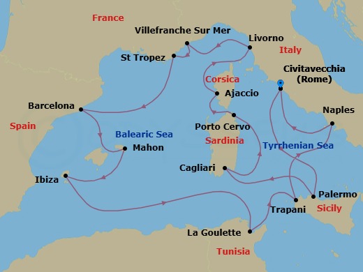 17 Night - An Extended Journey of Italian Grandeur, Catalan Style & North African Artistry - EXPLORA VI - Starting in Civitavecchia (Rome), Palermo (Sicily), Sardinia / Cagliari, Porto Cervo (Sardinia), Ajaccio (Corsica), Livorno (Florence), Villefranche-Sur-Mer (Nice), Saint-Tropez, Barcelona, Mahon (Menorca), Ibiza, Tunis / La Goulette, Trapani (Sicily), Port of Naples, Civitavecchia (Rome) itinerary map
