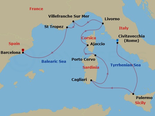 10 Night - A Journey of Inspirational Isles & Spectacular Horizons - EXPLORA VI - Starting in Civitavecchia (Rome), Palermo (Sicily), Sardinia / Cagliari, Porto Cervo (Sardinia), Ajaccio (Corsica), Livorno (Florence), Villefranche-Sur-Mer (Nice), Saint-Tropez, Barcelona itinerary map