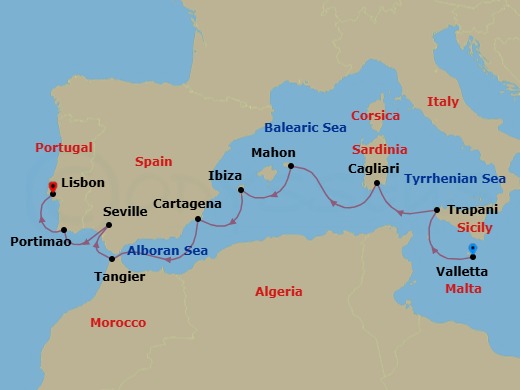 14 Night - Malta Discovery & Mediterranean Wonders - Cruise & Land Journey - Scenic Eclipse - Starting in Valletta, Valletta, Malta, Trapani, Sicily, Italy, Cagliari, Sardinia, Italy at Sea, Mahon, Menorca, Spain, Ibiza, Spain, Cartagena ES, Tangier, Morocco, Seville, Spain, Portimao, Portugal, Lisbon, Portugal itinerary map