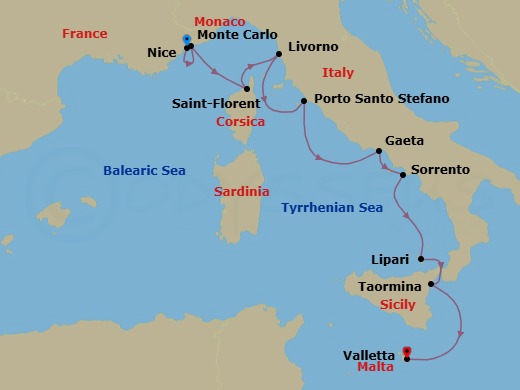 14 Night - French Riviera, Amalfi Coast & Malta Discovery - Cruise & Land Journey - Scenic Eclipse - Starting in Nice, France / Monte Carlo, Monaco, Monte Carlo, Monaco, Saint-Florent, Corsica, France, Livorno (Florence), Italy, Porto Santo Stefano, Italy, Gaeta, Italy, Sorrento, Italy, Lipari, Aeolian Islands, Italy, Giardini Naxos (Taormina), Sicily, Italy, Valletta, Malta, Valletta itinerary map