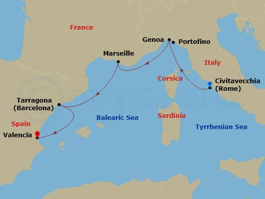 4 Night - Mediterranean - MSC Orchestra - Starting in Civitavecchia (Rome), Italy, Genoa (Portofino), Italy, Marseille (Provence), France, Tarragona, Spain, Valencia, Spain itinerary map
