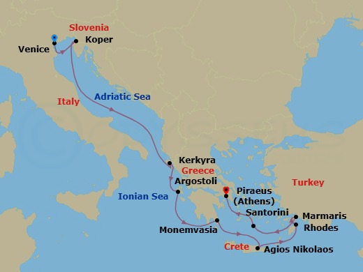 10 Night - Greece Intensive Cruise : Corfu, Rhodes & Santorini - Azamara Onward - Starting in Venice, Koper, Corfu, Argostoli, Monemvasia, Agios Nikolaos, (Crete), Rhodes, Marmaris, Santorini, Athens (Piraeus) itinerary map