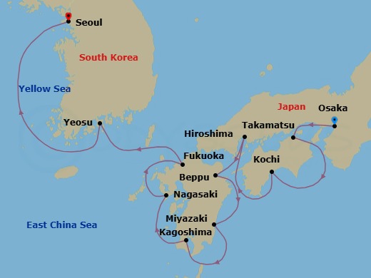 12 Night - Japan Intensive Cruise : Osaka, Takamatsu & Kagoshima - Azamara Pursuit - Starting in Osaka, Takamatsu, Kochi, Hiroshima, Beppu, Miyazaki (Aburatsu), Kagoshima, Nagasaki, Fukuoka, Yeosu, Seoul (Incheon) itinerary map