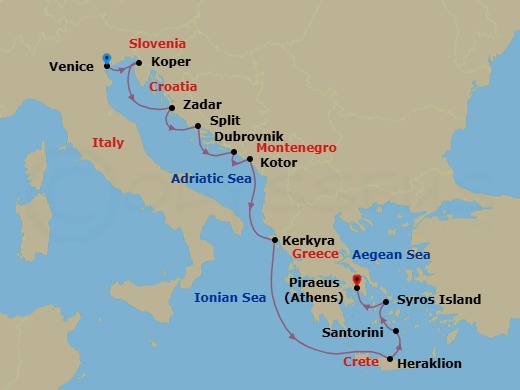 11 Night - Croatia & Greece Cruise : Dubrovnik, Corfu & Santorini - Azamara Quest - Starting in Venice, Koper, Zadar, Split, Dubrovnik, Croatia, Kotor, Corfu, Heraklion, (Crete), Santorini, Syros, Athens (Piraeus) itinerary map