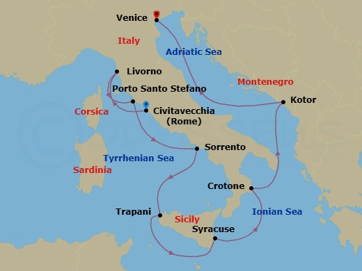 10 Night - Italy Intensive Cruise : Florence, Sorrento & Venice - Azamara Onward - Starting in Rome (Civitavecchia), Florence / Pisa (Livorno), Porto Santo Stefano, Sorrento, Trapani, Sicily, Siracusa, Sicily, Crotone, Kotor, Venice itinerary map