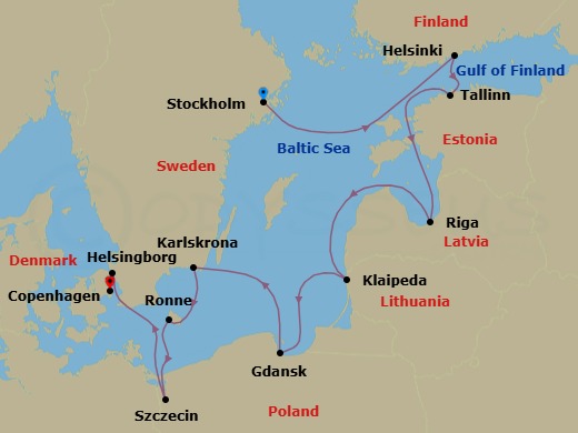 11 Night - Northern Europe & Baltic Cruise : Stockholm, Tallin & Riga - Azamara Quest - Starting in Stockholm, Helsinki, Tallinn, Riga, Klaipeda, Gdansk, Karlskrona, Sweden, Ronne, Bornholm, Szczecin, Helsingborg, Copenhagen itinerary map