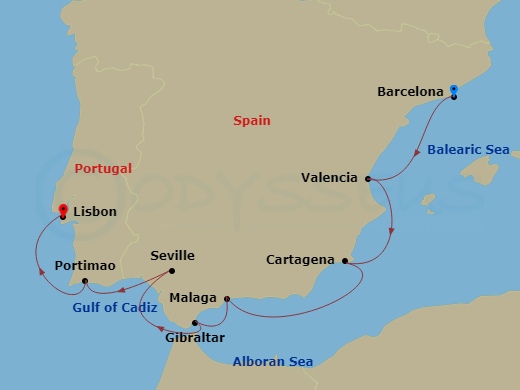 9 Night - Spain Intensive Cruise : Barcelona, Malaga & Seville - Azamara Journey - Starting in Barcelona, Valencia, Cartagena ES, Malaga, Gibraltar, Seville, Portimao, Lisbon itinerary map
