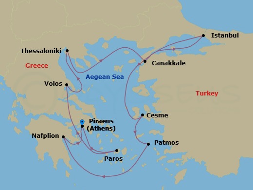 10 Night - Greece & Turkey Cruise : Athens, Istanbul & Patmos - Azamara Onward - Starting in Athens (Piraeus), Paros, Volos, Thessaloniki, Canakkale (Kepez), Istanbul, Cesme, Patmos, Nafplio, Athens (Piraeus) itinerary map