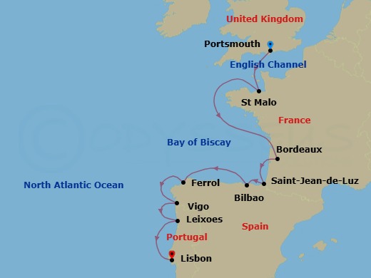 11 Night - France, Spain & Portugal Cruise : Bordeaux, Bilbao & Lisbon - Azamara Journey - Starting in Portsmouth UK, Saint-malo, Bordeaux, St Jean De Luz, Bilbao, Ferrol, Vigo, Porto (Leixoes), Lisbon itinerary map
