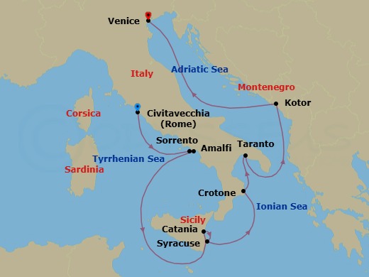10 Night - Italy Intensive Cruise : Amalfi, Siracusa & Venice - Azamara Journey - Starting in Rome (Civitavecchia), Sorrento, Amalfi, Catania, (Sicily), Siracusa, Sicily, Crotone, Taranto, Kotor, Venice itinerary map
