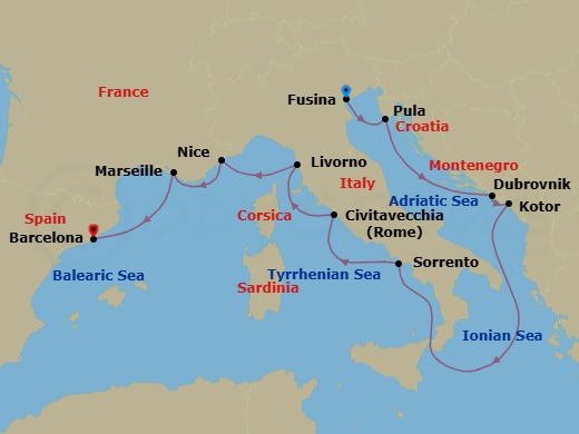 10 Night - Italy, Croatia & France Cruise : Venice, Dubrovnik & Nice - Azamara Journey - Starting in Venice (Fusina), Pula, Dubrovnik, Croatia, Kotor, Sorrento, Rome (Civitavecchia), Florence / Pisa (Livorno), Nice, Provence (Marseille), Barcelona itinerary map