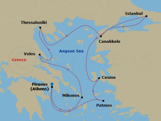 7 Night - Greece Intensive Cruise : Rhodes, Patmos & Mykonos - Azamara Onward - Starting in Athens (Piraeus), Monemvasia, Heraklion, (Crete), Rhodes, Bodrum, Patmos, Mykonos, Athens (Piraeus) itinerary map