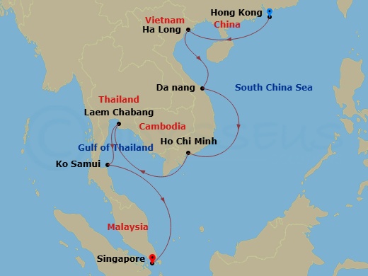 14 Night - Vietnam & Thailand Cruise : Ha Long Bay, Ho Chi Minh City & Bangkok - Azamara Pursuit - Starting in Hong Kong, Ha Long Bay, Hue (Da Nang), Ho Chi Minh City, Bangkok (Laem Chabang), Ko Samui, Singapore itinerary map
