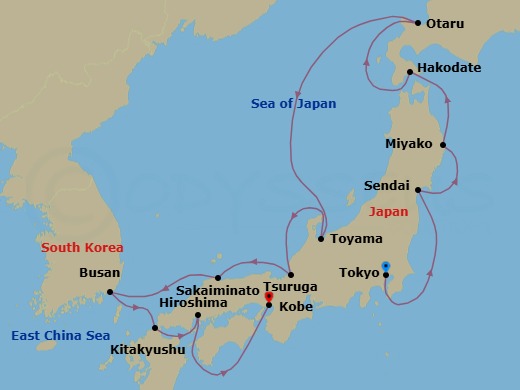 14 Night - Japan Intensive Cruise : Sapporo, Sakaiminato & Kobe - Azamara Pursuit - Starting in Tokyo, Sendai, Miyagi, Miyako, Iwate, Hakodate, Otaru, Toyama, Tsuruga, Sakaiminato, Busan, Kitakyushu, Hiroshima, Kobe itinerary map
