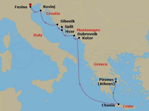 9 Night - Greece, Montenegro & Croatia Cruise : Athens, Kotor & Dubrovnik - Azamara Journey - Starting in Athens (Piraeus), Chania, Crete, Kotor, Dubrovnik, Croatia, Split, Hvar, Sibenik, Rovinj (Istria), Venice (Fusina) itinerary map