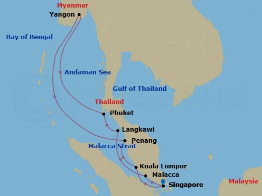 12 Night - Myanmar, Malaysia & Thailand Cruise : Yangon, Kuala Lumpur & Phuket - Azamara Pursuit - Starting in Singapore, Kuala Lumpur, Penang, Yangon, Phuket Port, Langkawi, Malacca, Singapore itinerary map