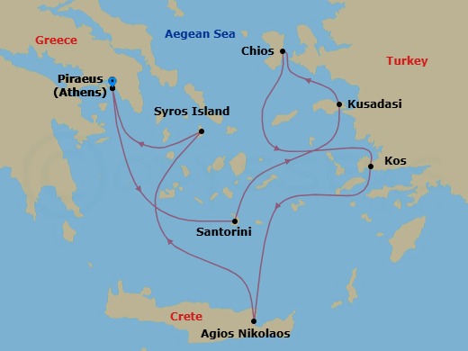 7 Night - Greece Intensive Cruise : Athens, Santorini & Crete - Azamara Onward - Starting in Athens (Piraeus), Santorini, Ephesus (Kusadasi), Chios, Kos, Agios Nikolaos, (Crete), Syros, Athens (Piraeus) itinerary map