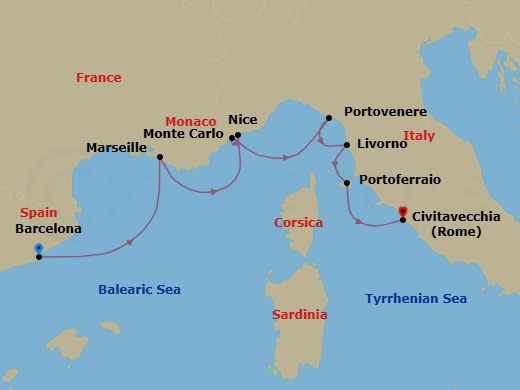 8 Night - France & Italy Cruise : Marseille, Nice, & Florence - Azamara Quest - Starting in Barcelona, Provence (Marseille), Monte Carlo, Nice, Porto Venere, Florence / Pisa (Livorno), Portoferraio (Elba), Rome (Civitavecchia) itinerary map