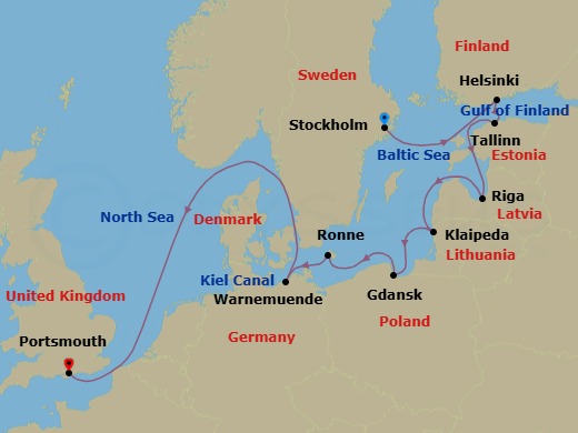 11 Night - Northern Europe & Baltic Cruise : Stockholm, Tallinn & Riga - Azamara Journey - Starting in Stockholm, Helsinki, Tallinn, Riga, Klaipeda, Gdansk, Ronne, Bornholm, Berlin (Warnemunde), Kiel Canal Cruising, Portsmouth UK itinerary map