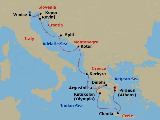 10 Night - Slovenia, Croatia & Greece Cruise : Koper, Split & Delphi - Azamara Journey - Starting in Venice, Koper, Rovinj (Istria), Split, Kotor, Corfu, Argostoli, Delphi, (Itea), Olympia (Katakolon), Chania, Crete, Athens (Piraeus) itinerary map