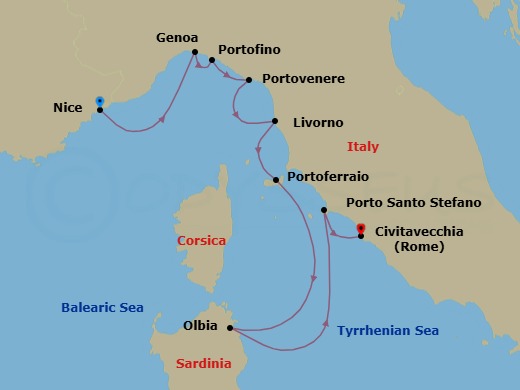 9 Night - Italy Intensive Cruise : Portovenere, Florence & Elba Island - Azamara Quest - Starting in Nice, Genoa, Portofino (Santa Margherita), Porto Venere, Florence / Pisa (Livorno), Portoferraio (Elba), Olbia, Sardinia, Porto Santo Stefano, Rome (Civitavecchia) itinerary map