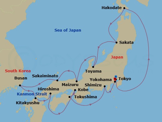 14 Night - Japan Intensive Cruise : Nagasaki, Hiroshima & Osaka - Azamara Pursuit - Starting in Tokyo, Hakodate, Sakata, Toyama, Maizuru, Sakaiminato, Busan, Kitakyushu, Hiroshima, Kobe, Tokushima, Mount Fuji (Shimizu), Tokyo (Yokohama) itinerary map